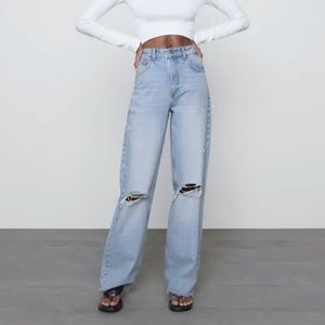 ZARA WIDE LEG FULL LENGTH RIPPED JEANS